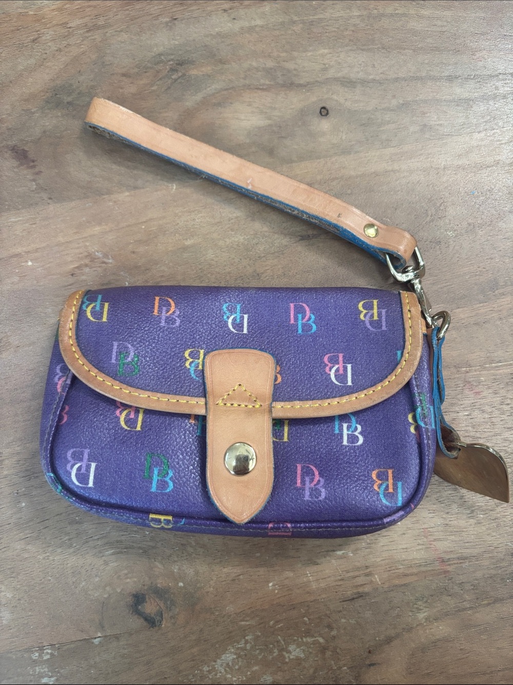 VINTAGE Dooney & Bourke Purple Multicolor Logo Wristlet with Tan Trim